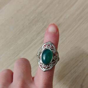 Intricate Karis Silver Ring with Green Stone